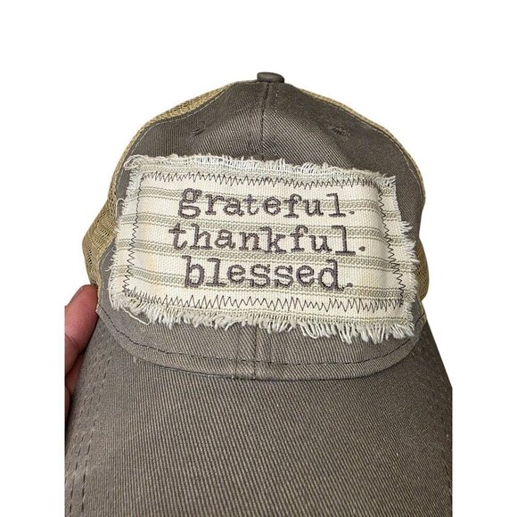 Grateful Thankful Blessed Distressed Hat Beige Mesh Back Adjustable Trucker Cap - Picture 1 of 6